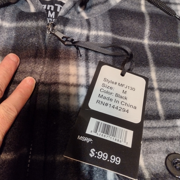 Hanton Black and White Plaid Fleece Sherpa Lined Zippered Hooded Jacket - Picture 9 of 12